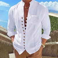 2025 Hommes nouveau coton et lin poche rétro col montant chemise à manches longues décontracté multi-boutons couleur unie rayé cardigan 1
