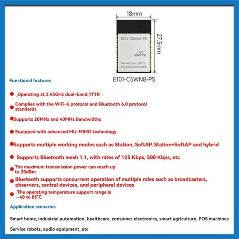 ABDE-E101-C5WN8-PS ESP32-C5 2.4G& 5G 듀얼 밴드 Wi-Fi 6 모듈 8M 플래시 블루투스 6.0 20Dbm 무선 통신 모듈