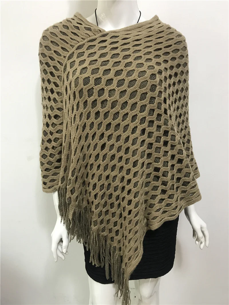 

2022 Spring Autumn Loose Tassel Large Pullover Sweater Women's Versatile Coat Medium Long Cape Shawl Mesh Sweater Khaki