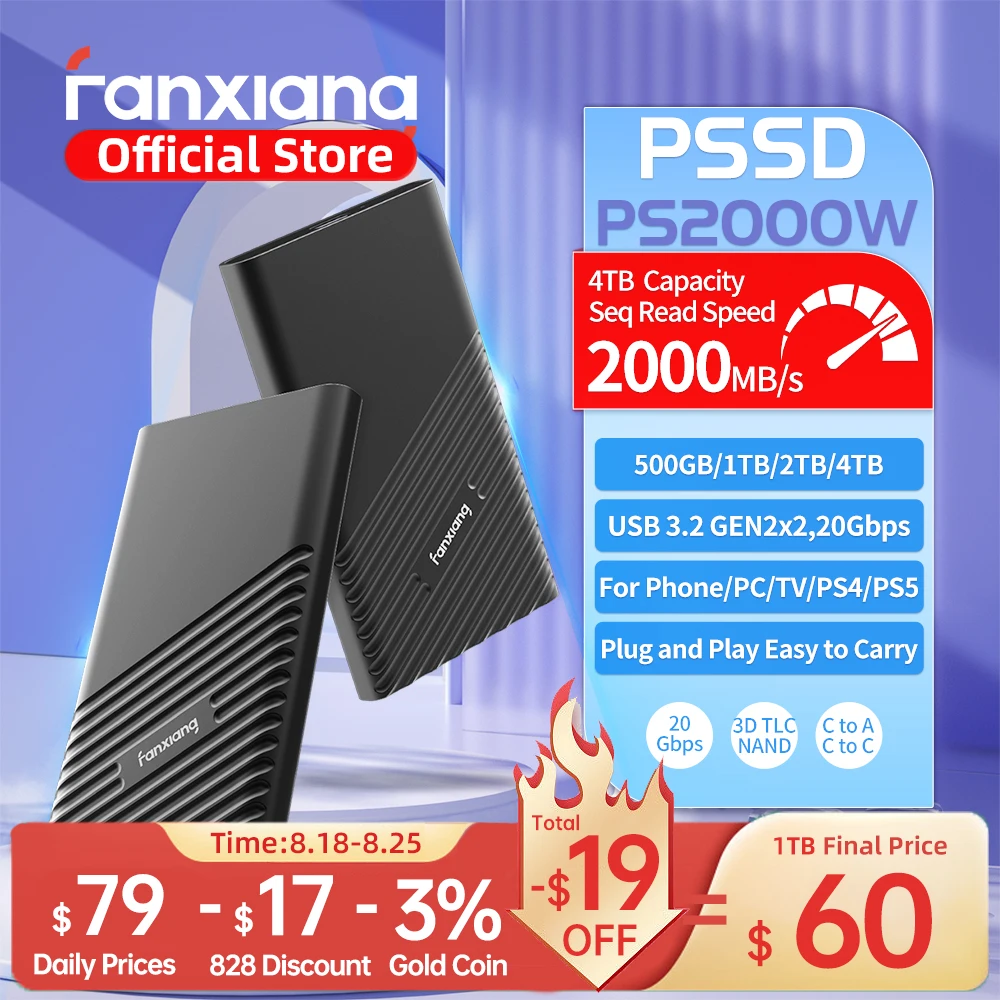 Fanxiang PS2000W 20Gbps Portable SSD 2000MB/s 1TB 2TB 4TB USB3.2Gen2x2 External Solid State Drive PSSD for PS5/4 Laptop Desktop external hard drive