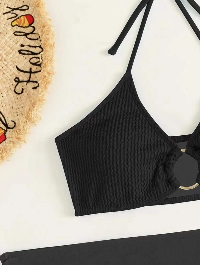 Solid Ribbed Halter Bikini Set with Skirt 3 Piece Swimwear Women Swimsuit 2022 Summer New Bathing Suit bandeau bikini set