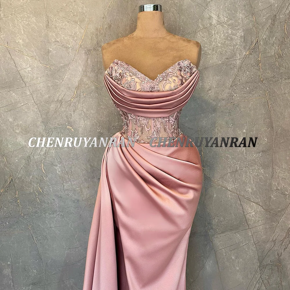 Pink Formal Party Dresses 2022 Women Strapless Mermaid Satin Elegant Evening Dress Side Split Sexy Long Lace Wedding Guest Gowns