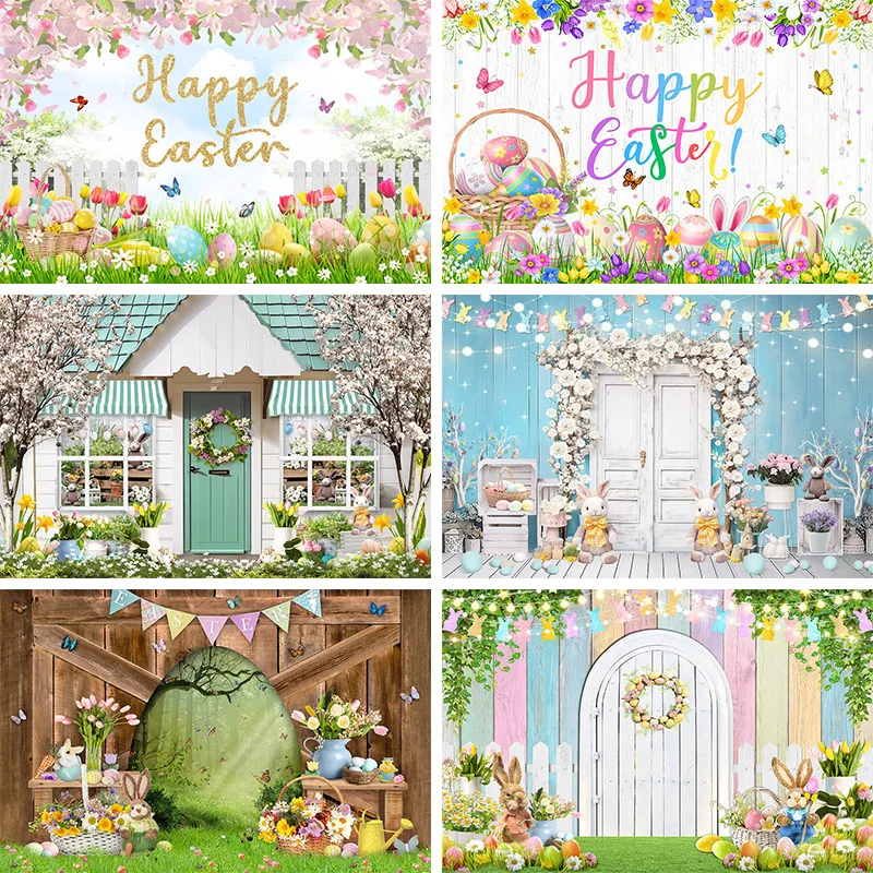 

Easter Backdrop Spring Garden Wooden Door Green Grass Colorful Eggs Bunny Baby Portrait Photography Background Photo Studio