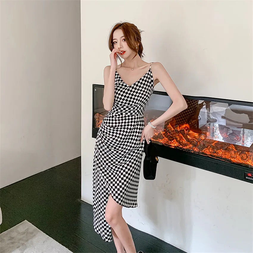 

High Quality Designer Brand Plaid Dress Women V-Neck Sexy Spaghetti Strap Dress High Street Irregular Sundress Beach Holiday