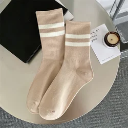 Women's Japanese Fashion Striped Cotton Crew Socks - Autumn Novelty Candy Colors, Preppy Style - One Size (Khaki)