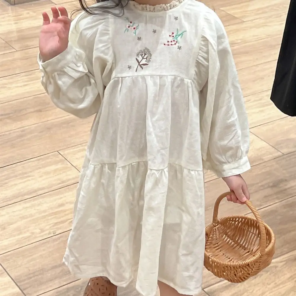 Embroidered Flowers Lace Princes Dress Pleated A-line Girls Long Dress Ballet Style Sweet Children Long Sleeved Dress Party
