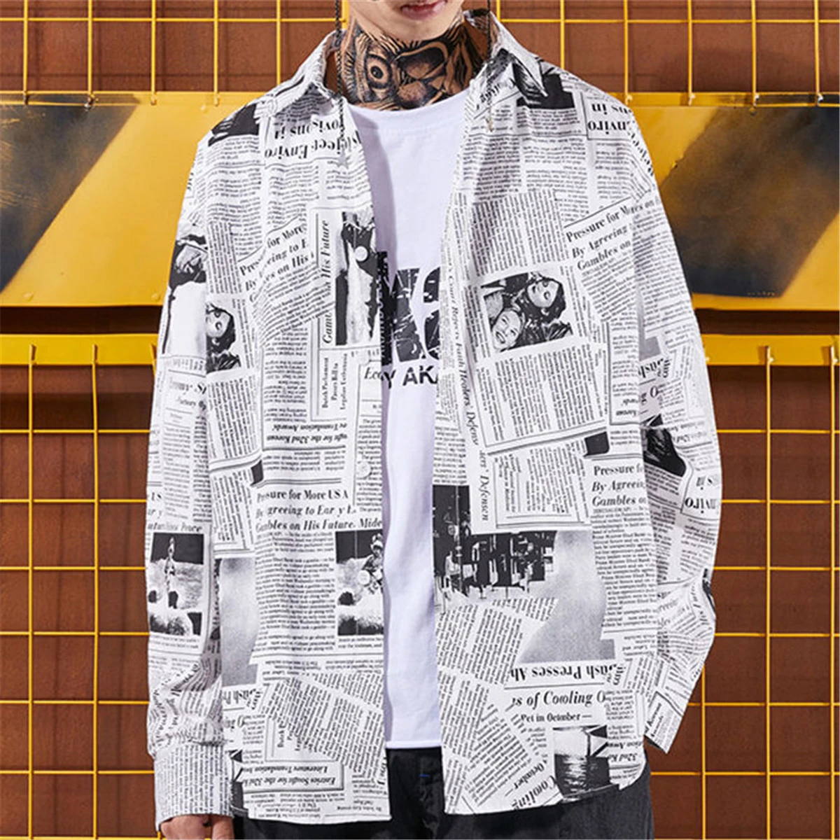 Cool Newspaper Print Shirt Men Gothic Oversize Shirts Japan Funny Shirts Long Sleeve Loose Ins Tops Summer Punk Harajuku Shirt Shirts Aliexpress
