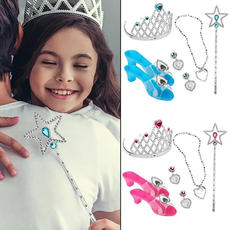 

Princess Shoes Play Set Princess Cosplay Accessories For Girls Play Dress Up Shoes Crown Wand Earrings Necklace For Kids