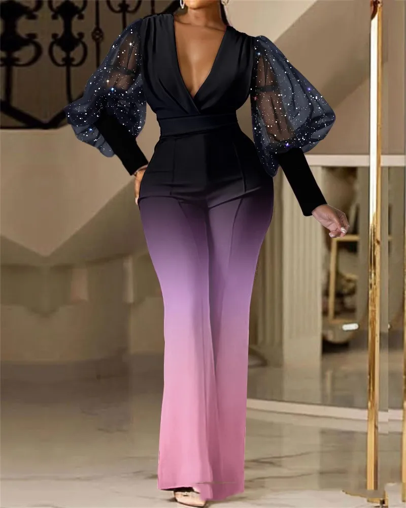 

Women S Style Fashion Colorful Gradient Jumpsuit V Neck Mesh Sleep Jump Suit