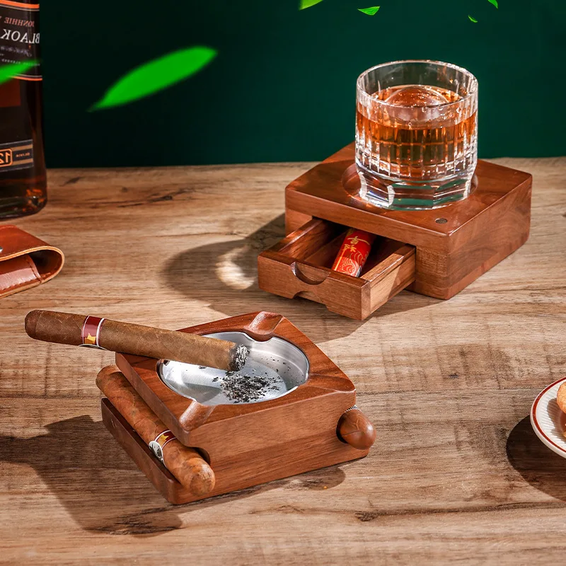 

Cigar Ashtray Whiskey Glass Tray - Wood Ash Tray with Slot Hold Cigar Holder with Drawer Gift for Men Father's Day