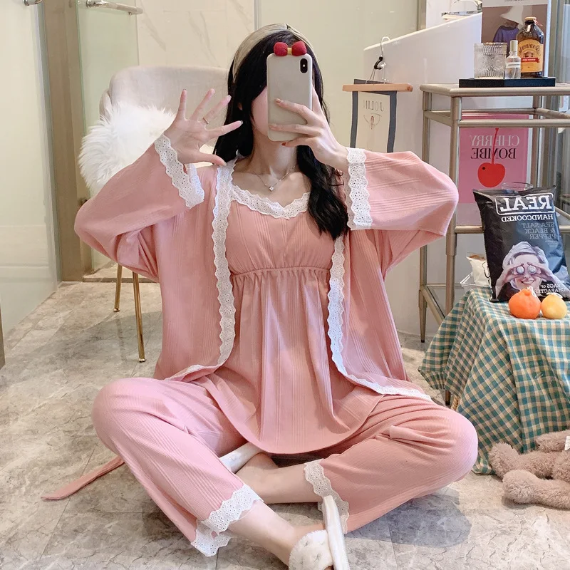 3Pcs/Set 100% Cotton Pregnancy Pajamas Long Sleeve For Spring Autumn Nursing