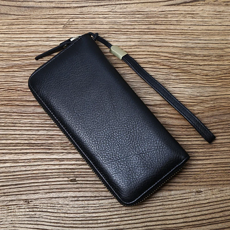 NZPJ Leather Long Wallet Natural Cowhide Clutch Bag Large Capacity Bank Card Bag Multi Function Wallet Casual Mobile Bag