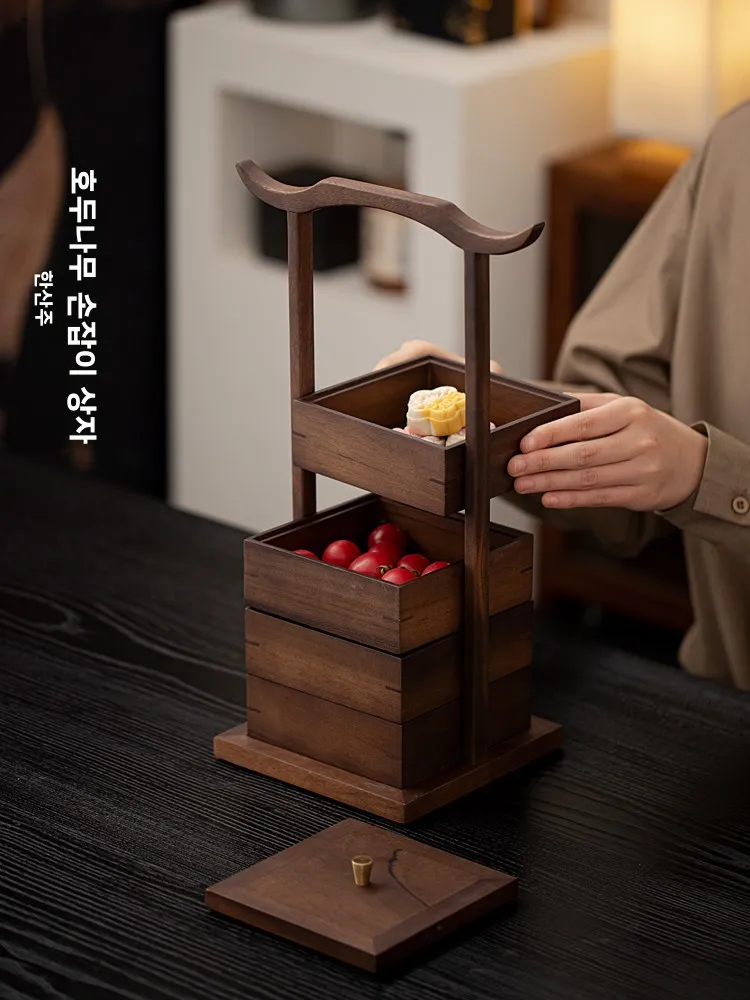 호두차 간식 트레이 박스 다층 고급 중국풍 빈티지 사각형 가정용 건과일 간식 나무 바구니 상자