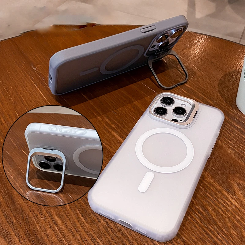 Metal Camera Kickstand with Magsafe-Compatible Wireless Charging and Matte Shockproof Cover