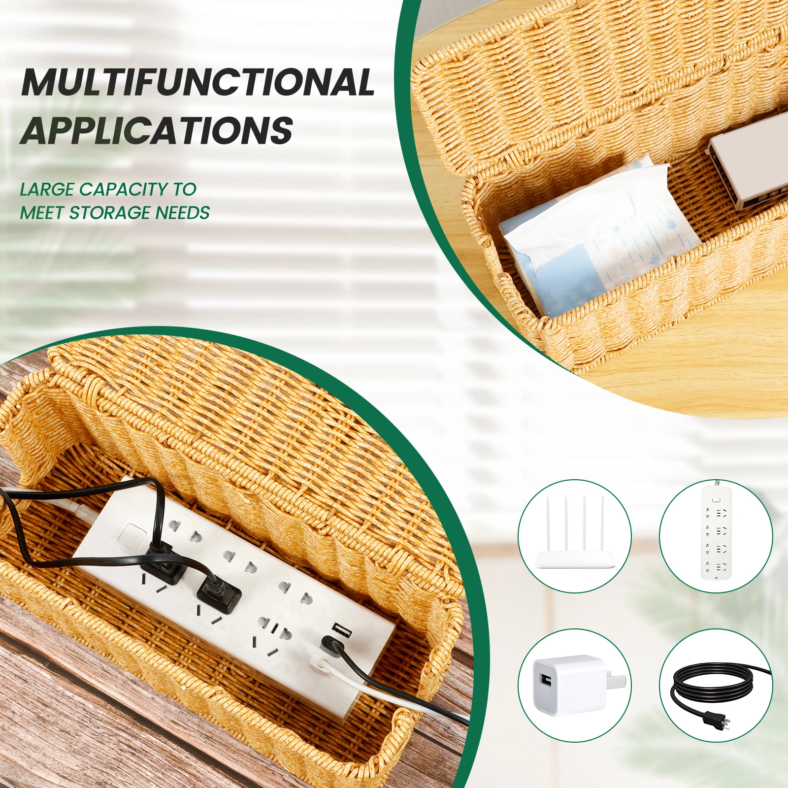 Imitation Rattan Office Desk Storage Box for Cable Organization