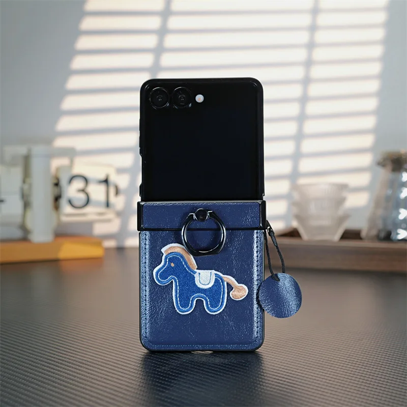 Premium PU Leather Embroidered Horse Folding Phone Case with Finger Ring Holder