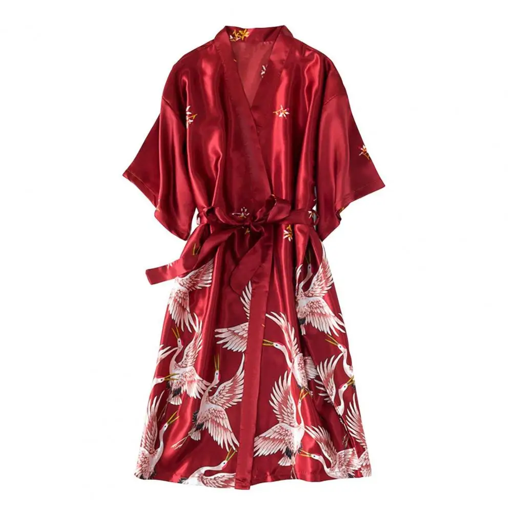 

Half Sleeve Nightgown Elegant Bird Print Satin Lace-up V Neck Bathrobe for Women Soft Cardigan Nightgown Morning Dressing Gown