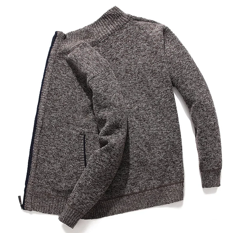 Men's Autumn Winter Fleece-lined Thickened Zipper Cardigan Jacket Stand Collar Solid Color Knitted Top Casual Coarse Wool
