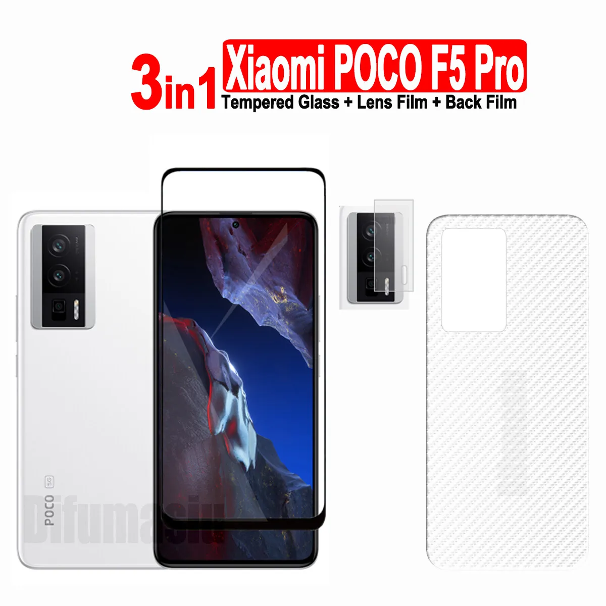 

3in1 For Xiaomi POCO F5 Pro 5G Tempered Glass Film Screen Protector + Camera Lens Film+ Carbon Fiber Back Film