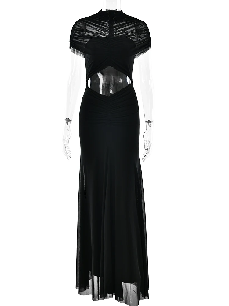 JULISSA MO Sexy Hollow Out Turtleneck Women Maxi Dress Coffee Short Sleeve See Through Mesh Bodycon Elegant Party Evening Dress 6