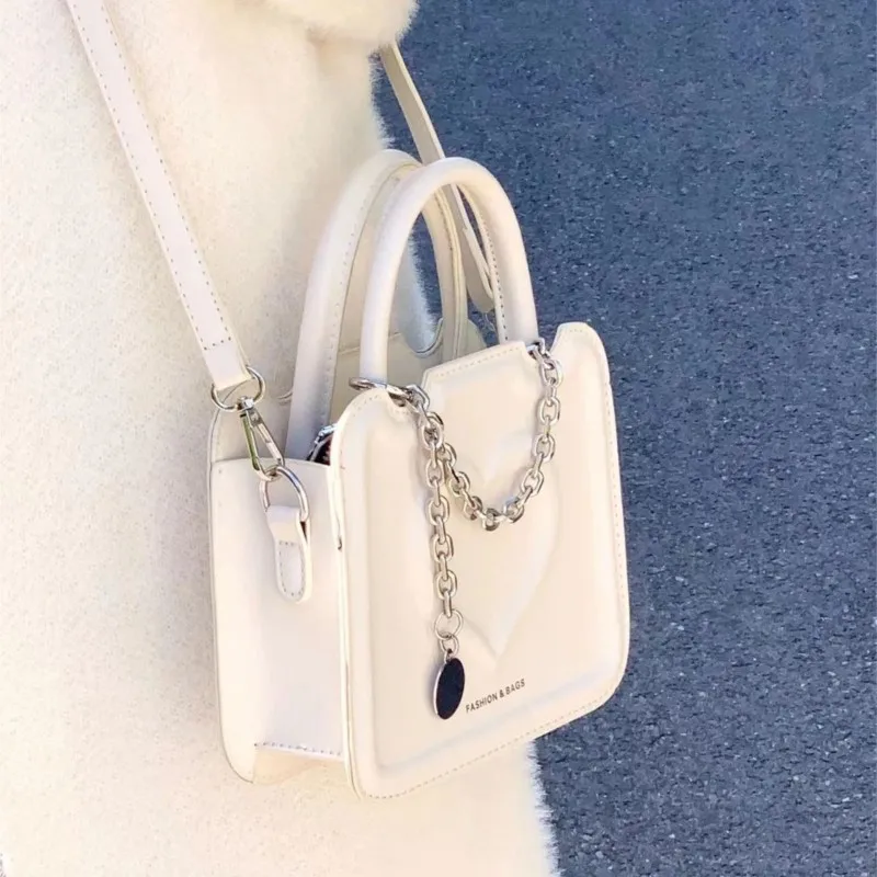 JIAERDI Sweet Cute White Handbag Women Heart Print Leather Square Shoulder Bags Ladies Chain Minimalist Commuter Crossbody Bag