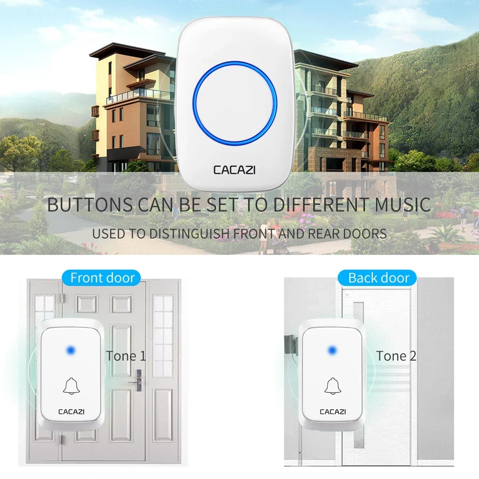 CACAZI Wireless Doorbell Waterproof 300M Remote Bell 6 Button 1 Receiver LED Smart Home Call Bell 58 Chime Hotel Ringbell 220V