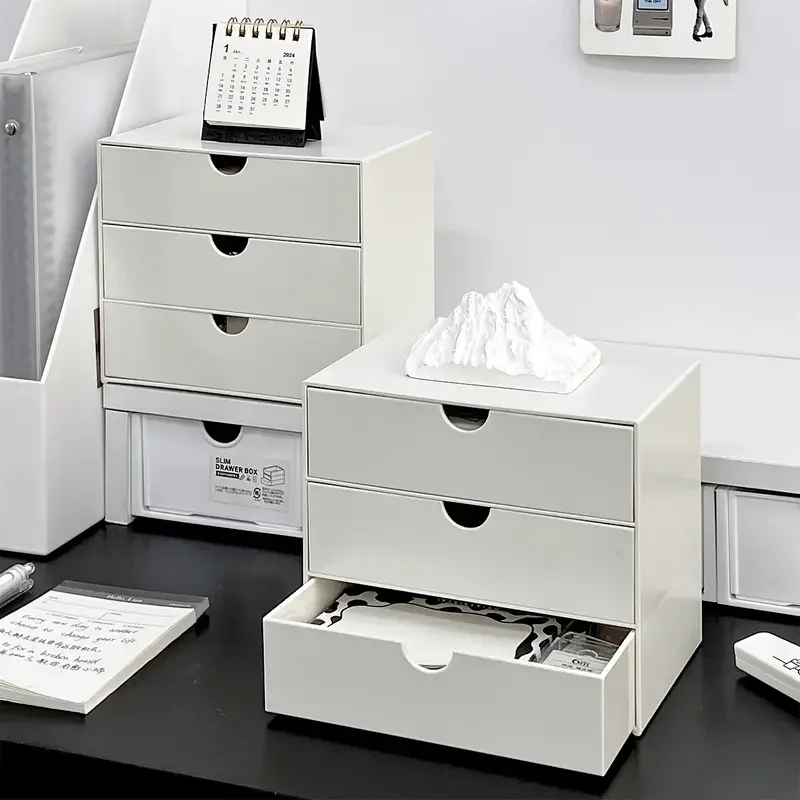 3-layer Stackable Plastic Storage Drawer Rack Desk Organizer Stationery Boxes Accessories Office School Supplies White