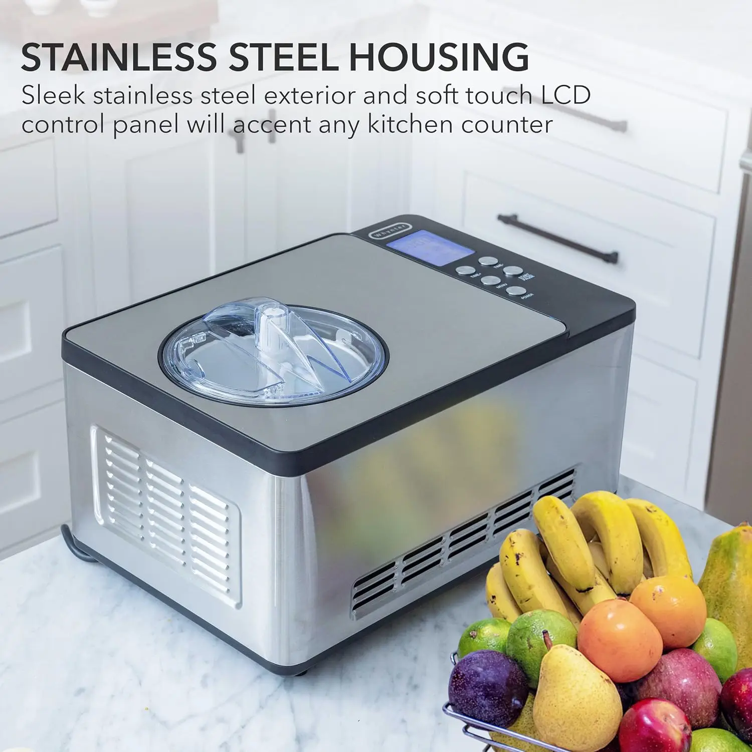 Automatic 2 Quart Capacity Stainless Steel Bowl & Yogurt Function, Built-in Compressor, no pre-freezing, LCD