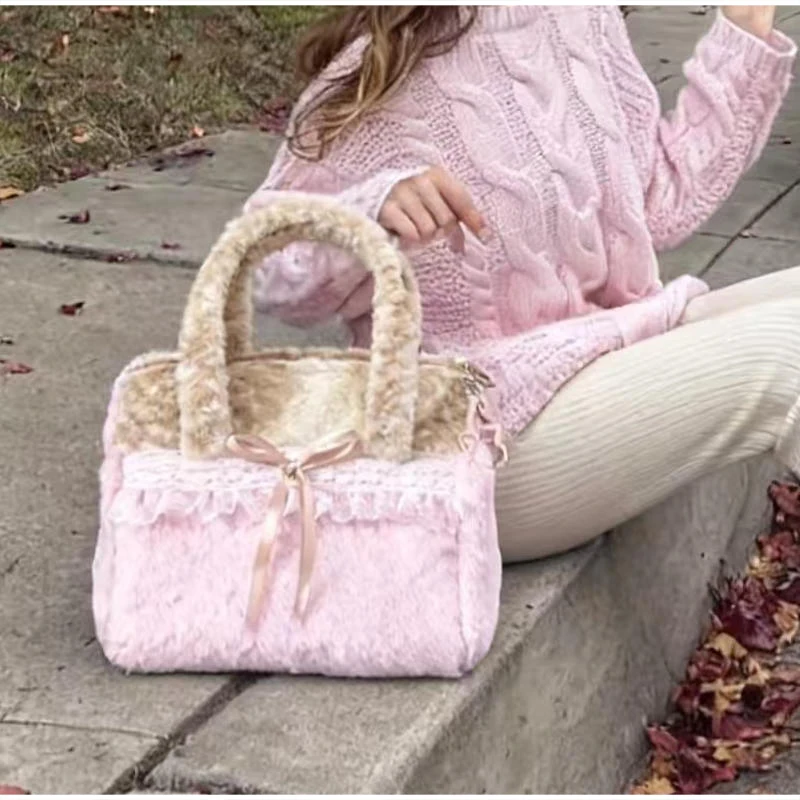 Borsa Utility Dolce e Pratica, Borsa a Tracolla Morbida con Fiocco in Pizzo, Stile Lolita Grande Capacità, Borsa a Spalla Marrone Rosa - immagine 4