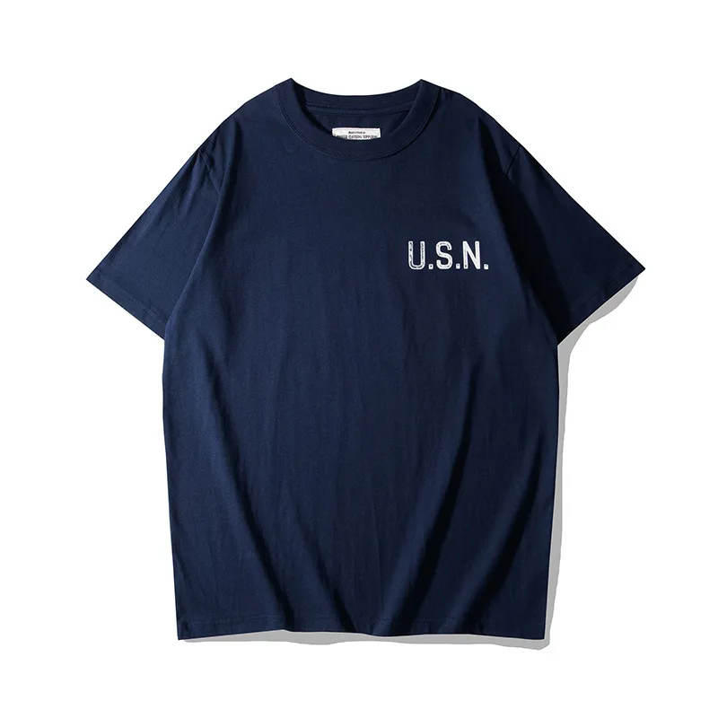 

Summer Men'S Retro Short Sleeve Letter Printed Cotton Round Neck 200g Navy Military Wind Casual T-Shirt