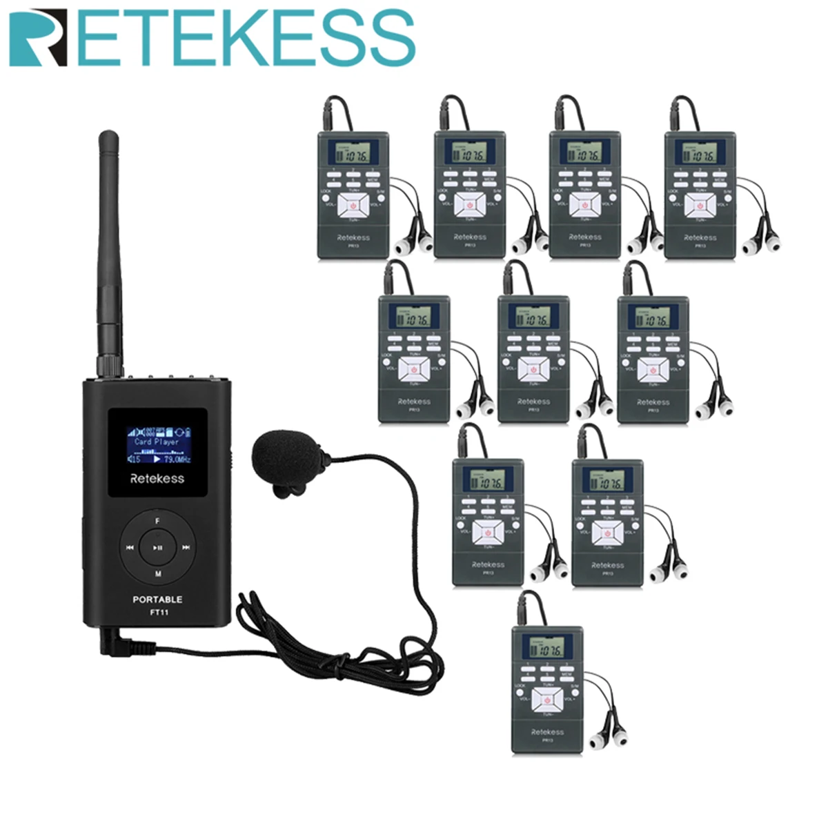 lavalier microphone Retekess FT11 FM Transmitter+10Pcs FM Radio Receiver PR13 Wireless Voice Transmission System For Guiding Church Meeting Training mics