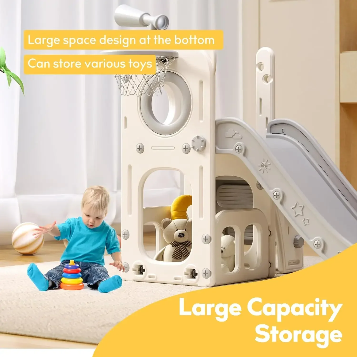 6 in 1 Toddler Playset with Slide,Toddler Slide,Slide for Kids with Basketball Hoop,Ball,Ring Toss,Kids Slide Toddler Playground