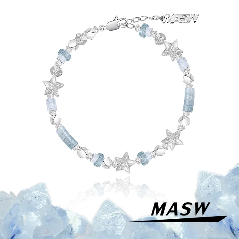 

MASW Original Design 2023 Trend New Jewelry Thick Silver Plated Ocean Feeling Blue Bead Star Charm Bracelet For Women Girl Gift