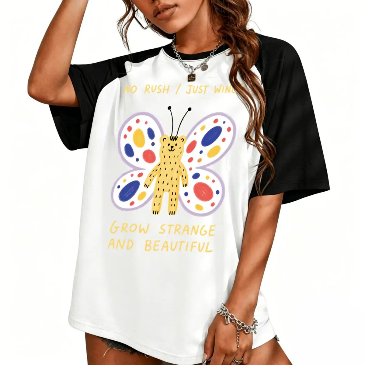 Butterfly "Just Wings Grow Strange And Beautiful" T-Shirt Vintage Raglan Sleeve Cotton Tees Women's Casual American Style Tshirt 2