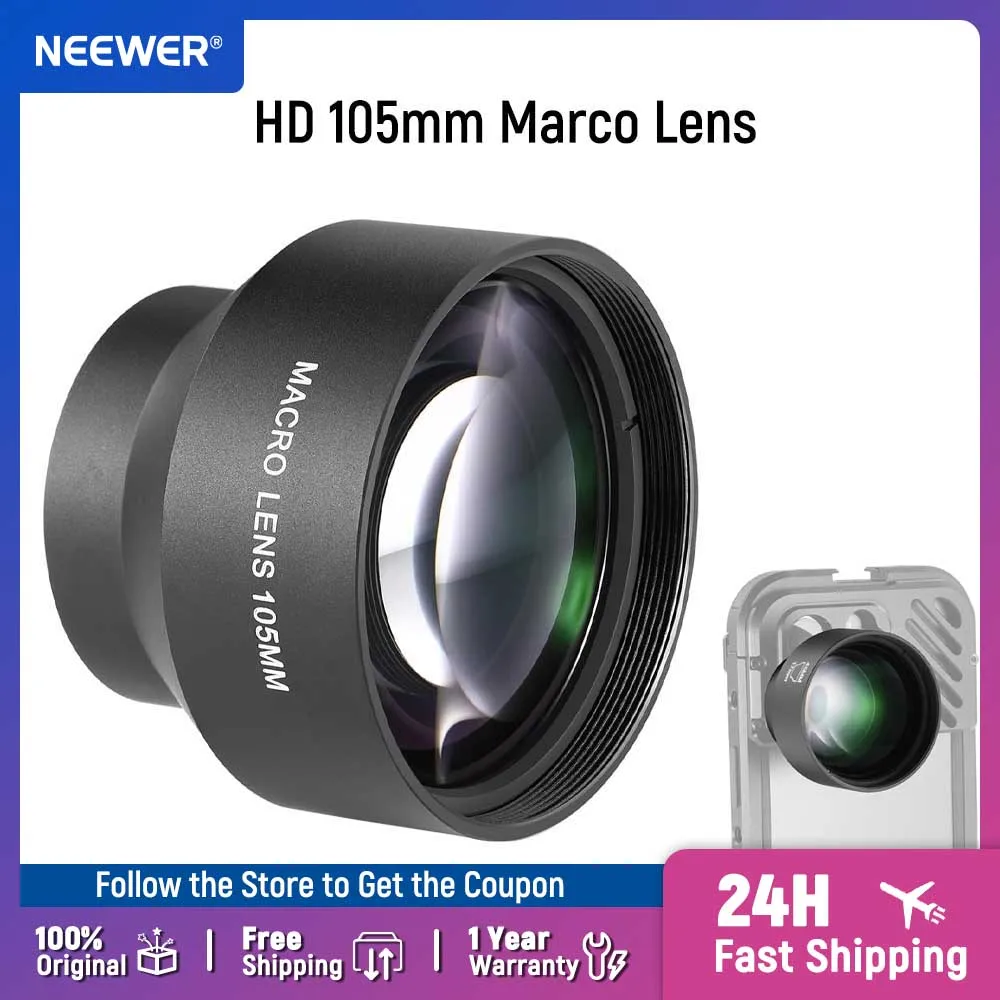 NEEWER 105mm HD Macro Lens Compatible with iPhone Samsung Phone Cage Phone Case Backplane with 17mm Thread Lens Mount