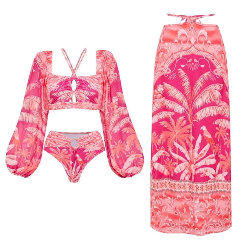 

2024 Sexy Long-sleeved Tropical Jungle Print Bikini Swimsuit and Sarong Summer Swimwear Women Beachwear Bathing Suit