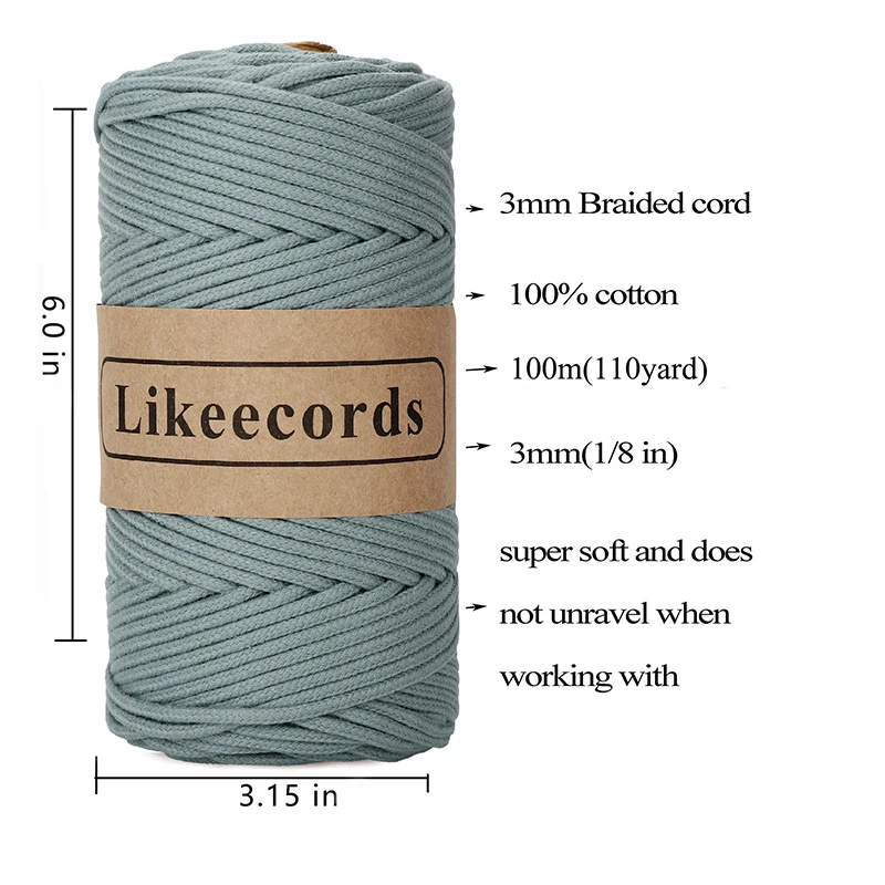 Likeecords Braided Macrame Cotton Cord 3mm x 100m,Macrame Rope, Colorful  Cotton Craft Cord for Bag,Wall Hanging, Plant Hangers