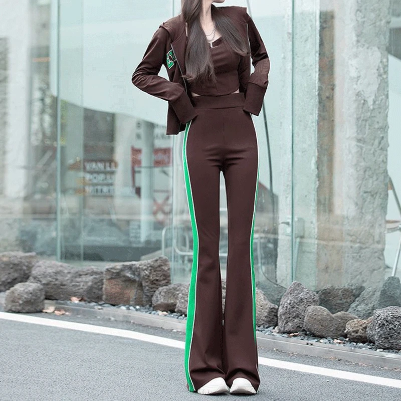 

2023 Spring Leisure Sports Suit Women's Fashion Sweater Slim Fit Flare Pants Two-piece Set of Contrast Stripe Letter Printing