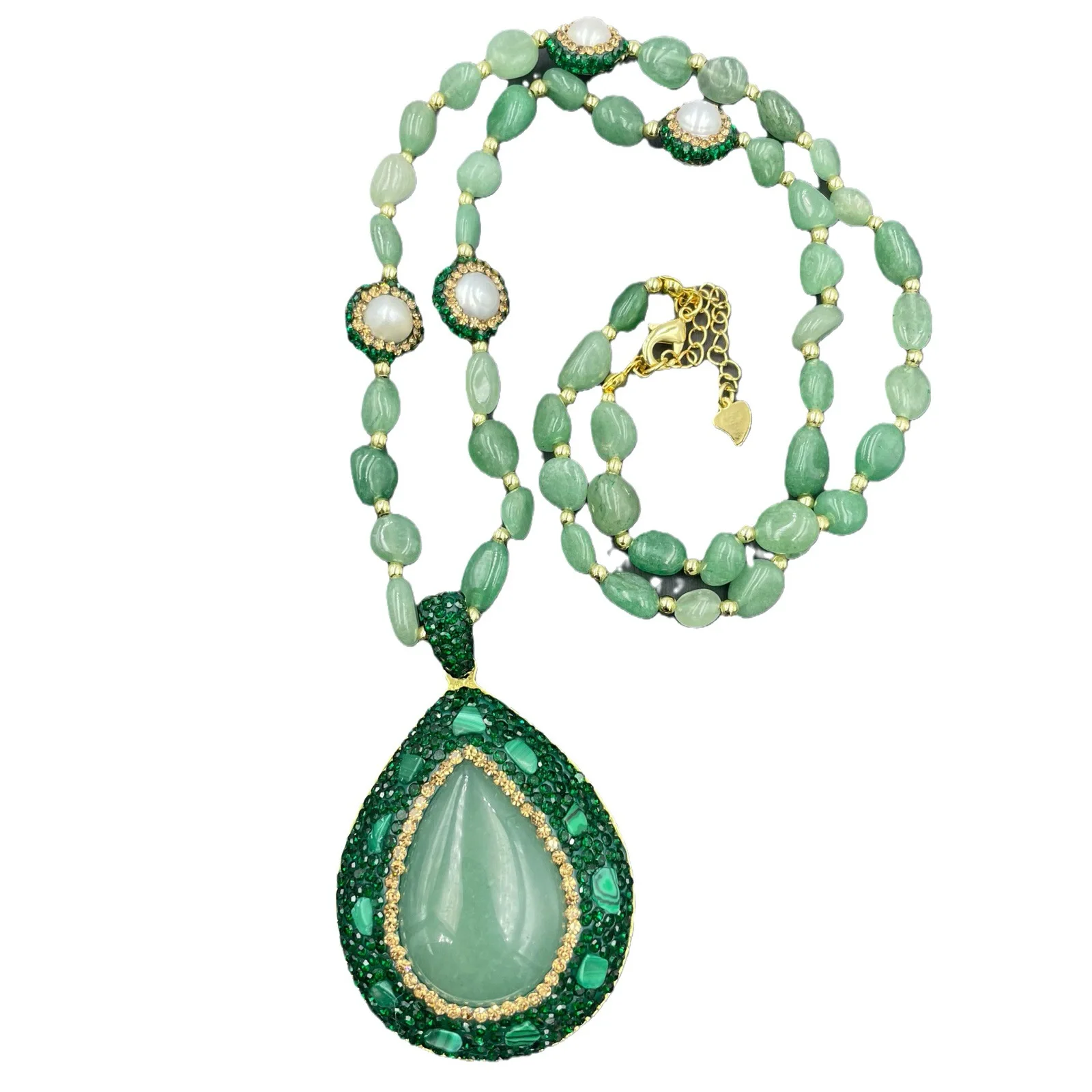 MVN051 2024 New Natural Green Chalcedony Pendant Inlaid Pearl Chain Medieval Jewelry Noble And Elegant Style Long Beads Necklace