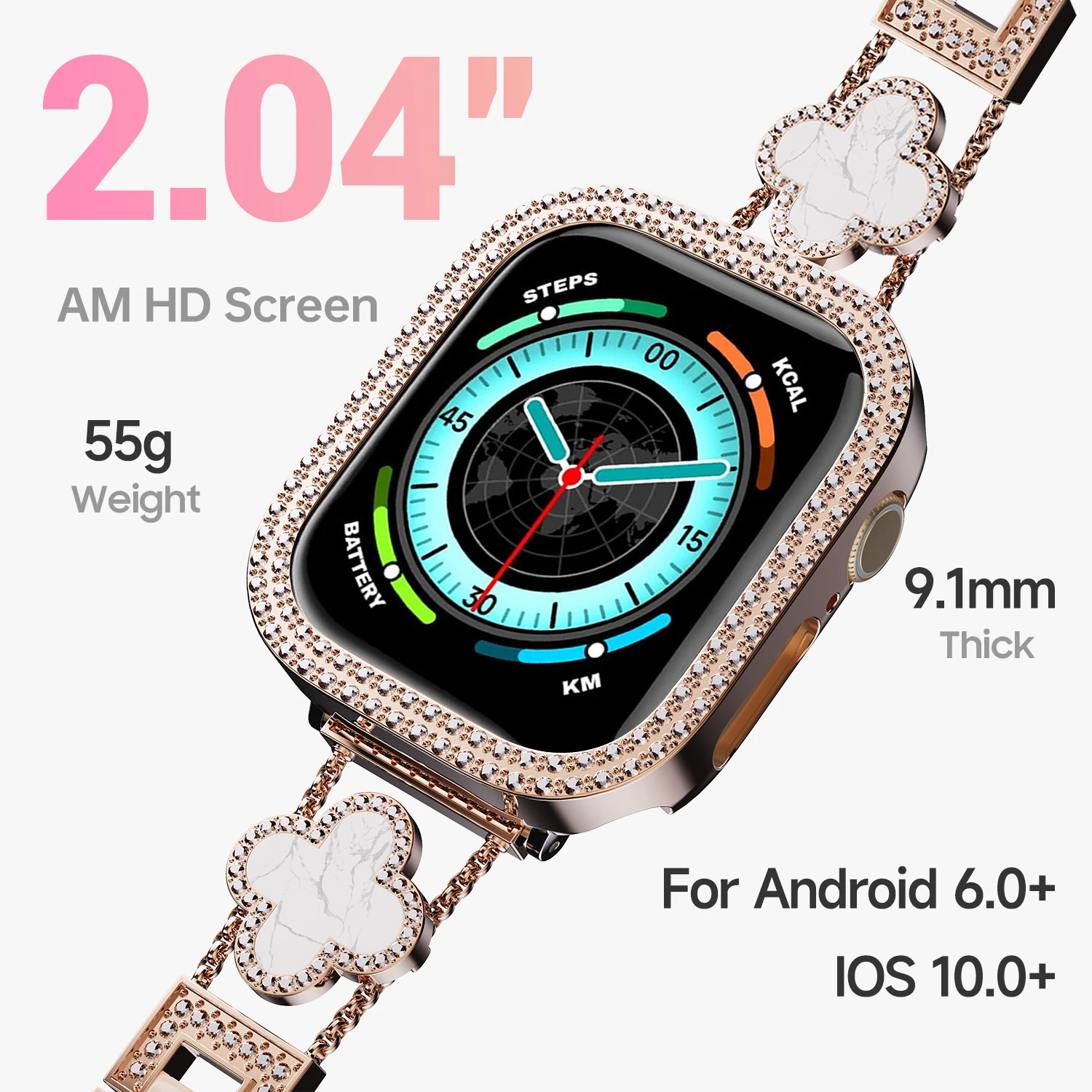 Women Luxury Smartwatch with Sparkling Rhinestones & Metal Wristband, Interchangeable Straps. Features BT Calling, Heart Rate Tracking, Wireless Charging, 110+ Exercise Modes, 3ATM Waterproof, AMOLED Touchscreen, 7-Day Battery. Works with Android/iOS, 4