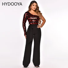 

2022 Spring Autumn Sequins Patchwork Elastic Glitter Long Jumpsuit Women Sexy Long Sleeve One Shoulder Rompers Wide Leg Overalls
