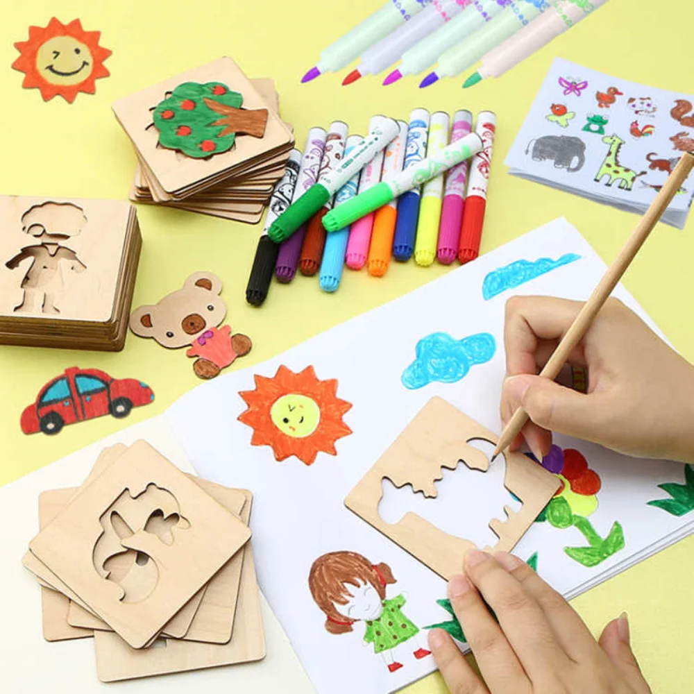 10/20pcs Montessori Kids Toys Drawing Toys Wooden DIY Painting Template  Stencils Learning Educational Toys for Children Gift