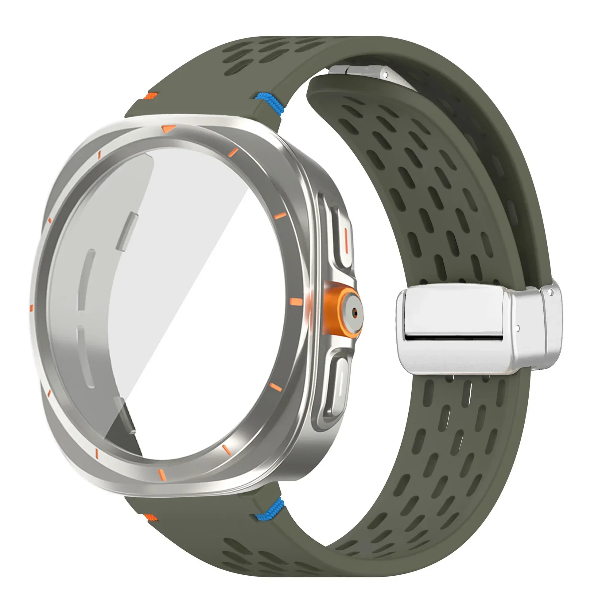 Silicone Magnetic Buckle Band with Tempered Glass Screen Protector and Case Strap