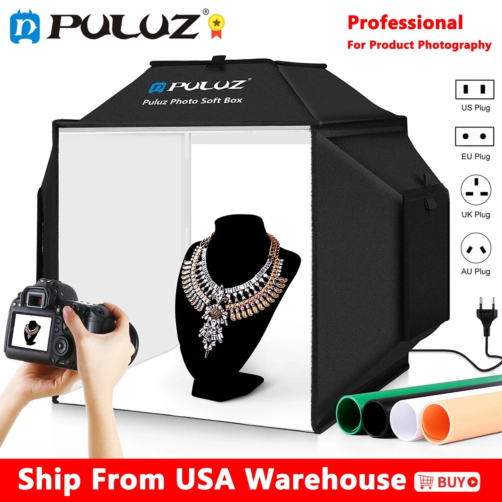 PULUZ 40cm Photo Studio Light Box,72W LED Softbox Kit,Folding Photography Lightbox Studio Shooting Tent Box & 4 Color Backdrop