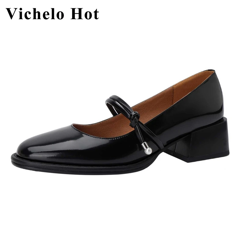 

Vichelo Hot new genuine leather round toe med heel beauty lady daily wear high street fashion pearl decorations women pumps L00