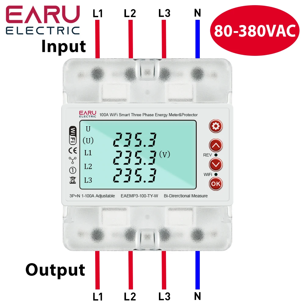 3 Phase 380V 100A Tuya WiFi Smart Bi-Directional Energy Power kWh Meter Over Und