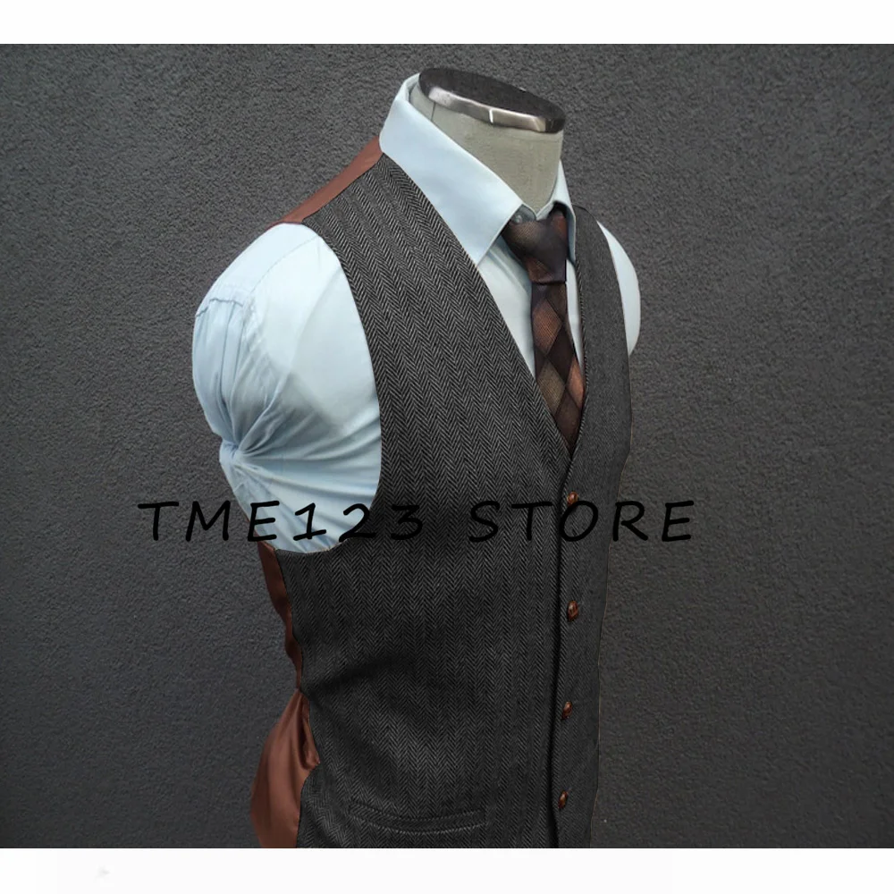 Men's Herringbone Vest V-neck Single-breasted Business Fashion Party Vest Luxury Men's Clothing Suit Male Steampunk Cufflinks
