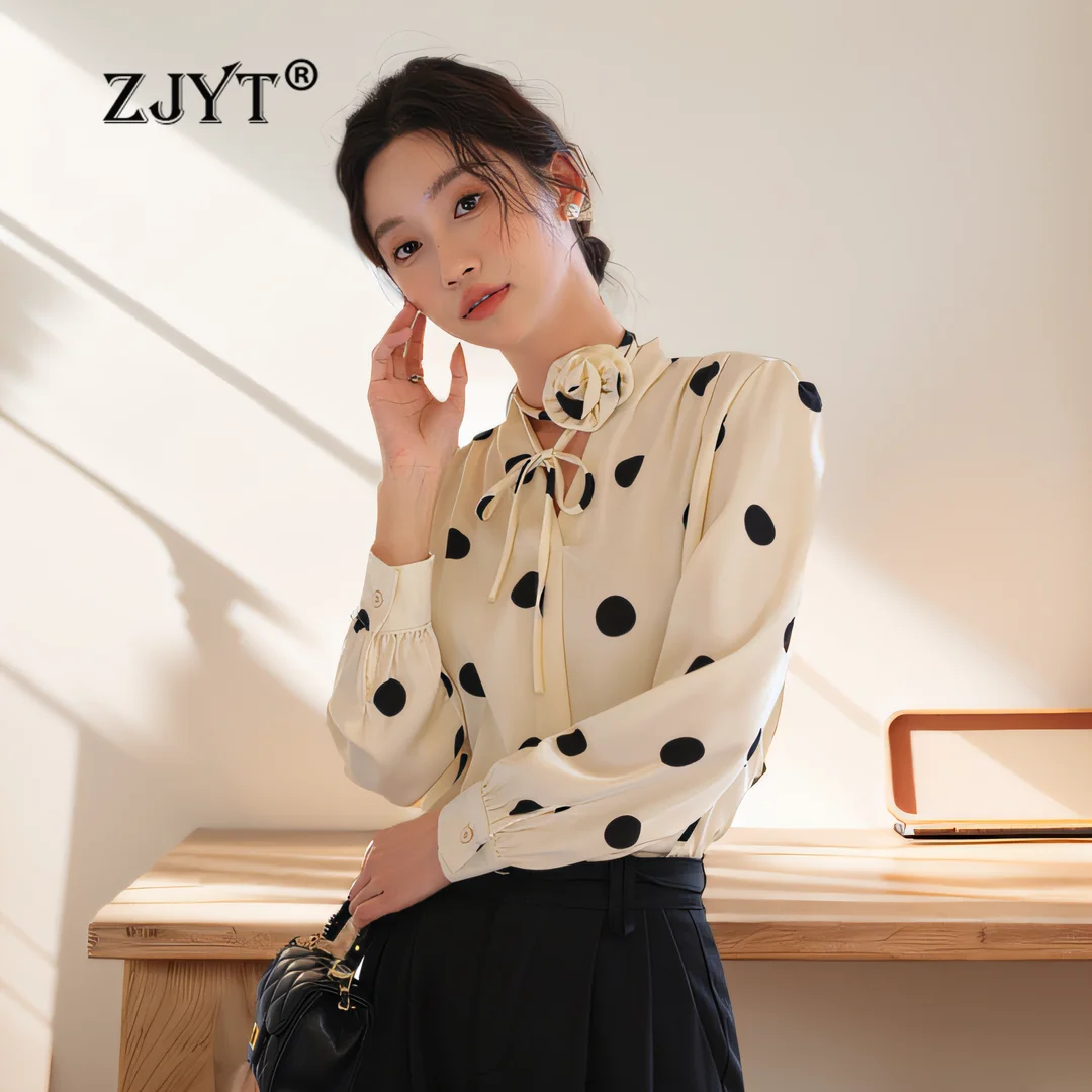 

ZJYT Elegant Polka Dot Print Blouses for Women Spring Office Lady Satin Shirts Long Sleeve Blusas Female Tops Casual Camisas