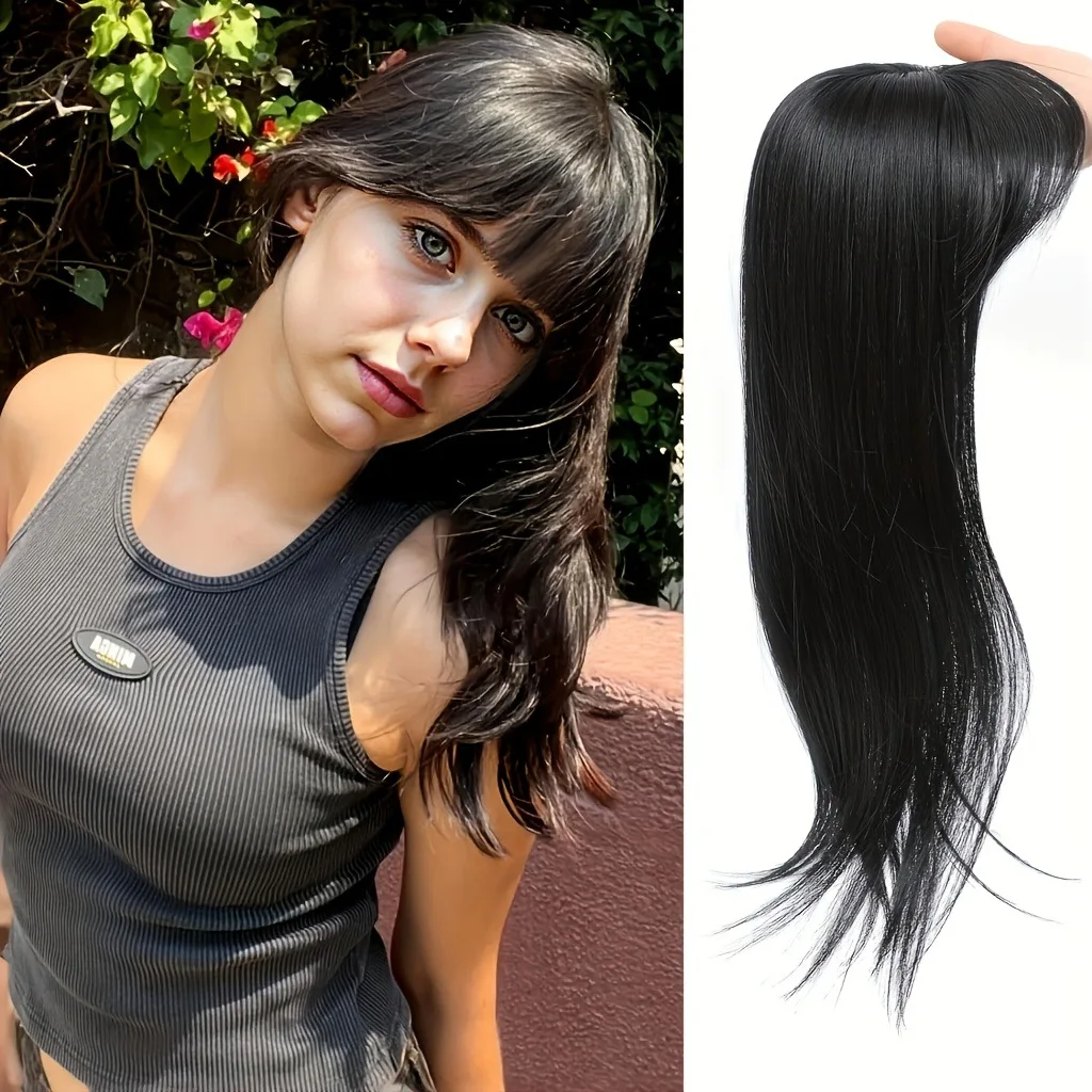 Parrucca sintetica da donna da 18 pollici con frangia, capelli lisci, effetto naturale, per capelli diradati - immagine 6