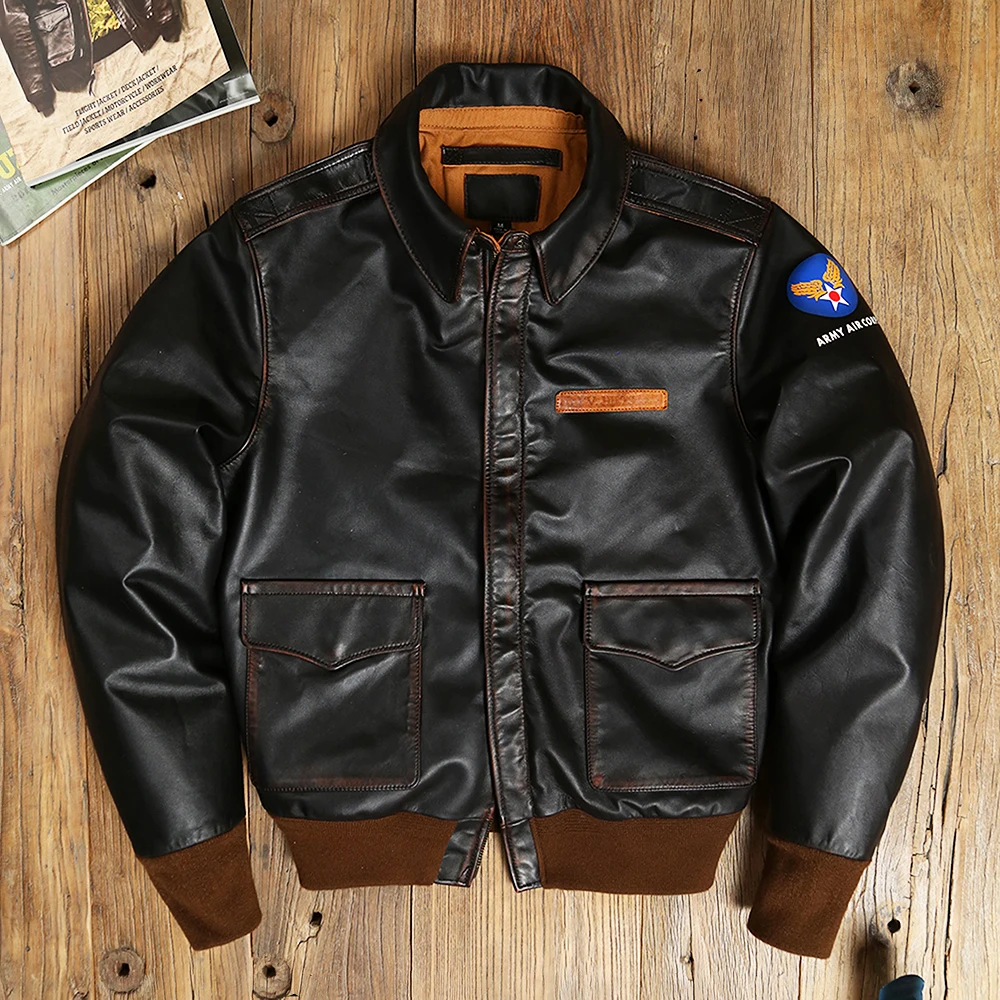 YR!Free shipping.Retro Classic A-2 type horsehide coat.Vintage Us air force genuine leather jacket.Bomber.Rider leather cloth